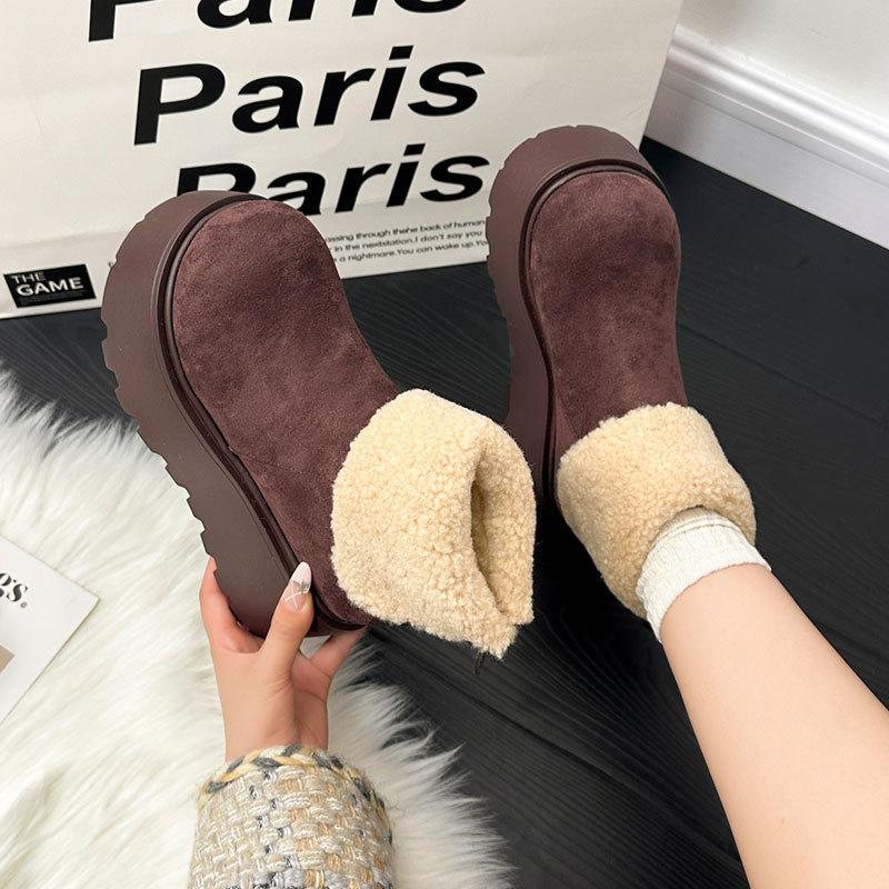Thick-soled Heightening Snow Boots Women's New Winter Plush Warm Fluffy Short Boots Fashionable Ugly and Cute Big-headed Cotton Shoes