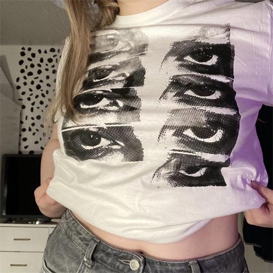 Vintage Short-sleeved T-shirt Female Y2k Aesthetic Graphic Eye Print Crop Top Streetwear Harajuku O-neck Gothic Tee Slim