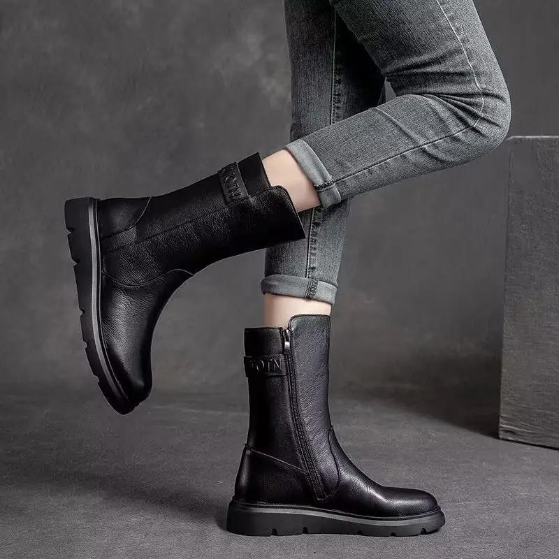 Round Toe Women's Half High Boots Elegant Fashion Ladies Mid Calf Shoes Designer Luxury Quality Footwear Winter 2024 Novelty Pu