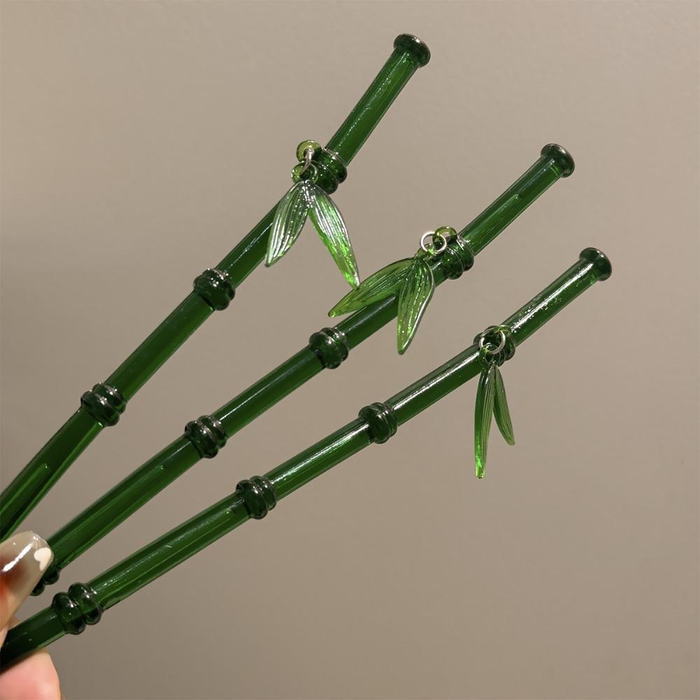 Green Hair Stick Bamboo Leaf Barrette Simple Chopstick Hairpin for Women