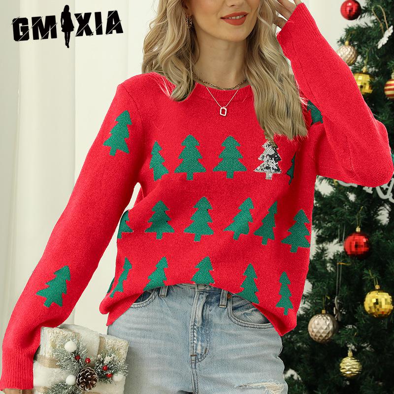 GMXIA Women's Fall Winter Pullover Jacquard Christmas Tree Knitwear Long Sleeve Red Christmas Sweater