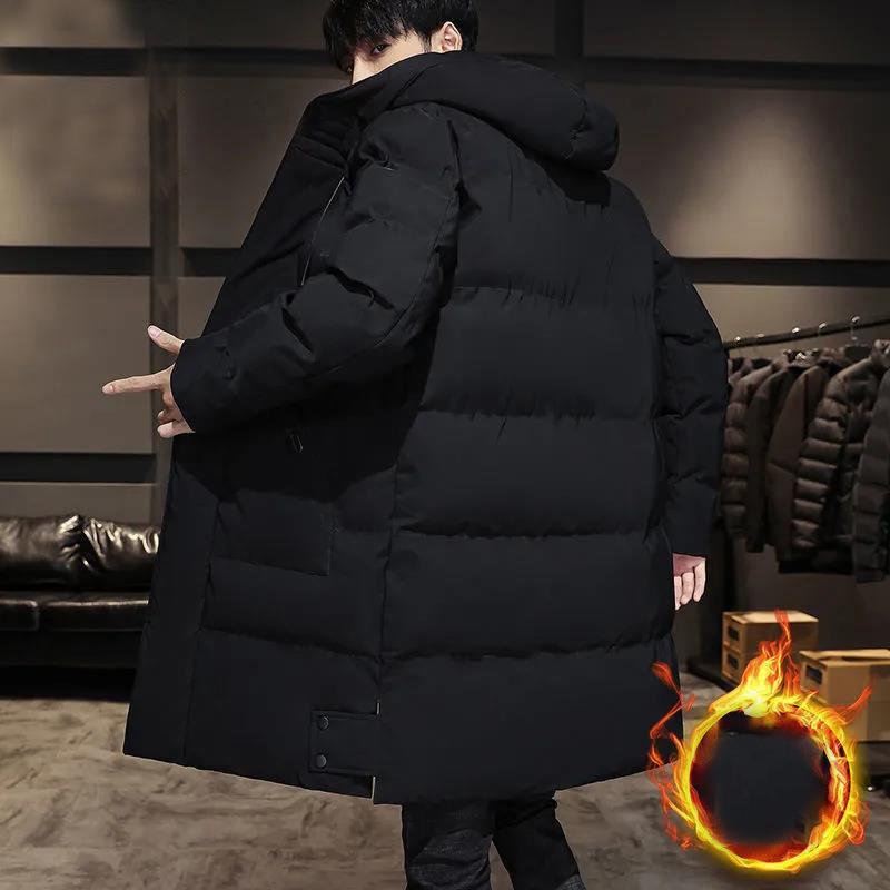 Men's Hooded Down Jacket Mid-length Winter Thick Warm Cotton Jacket Men's Casual Top Solid Color Coats Can Be Worn In Northern
