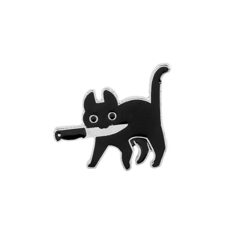 Hot Cartoon Cute Cat Holding A Knife Enamel Pins Lapel Pin Small Black Pins Cute Metal Lapel Badges Brooch Funny Jewelry Gift
