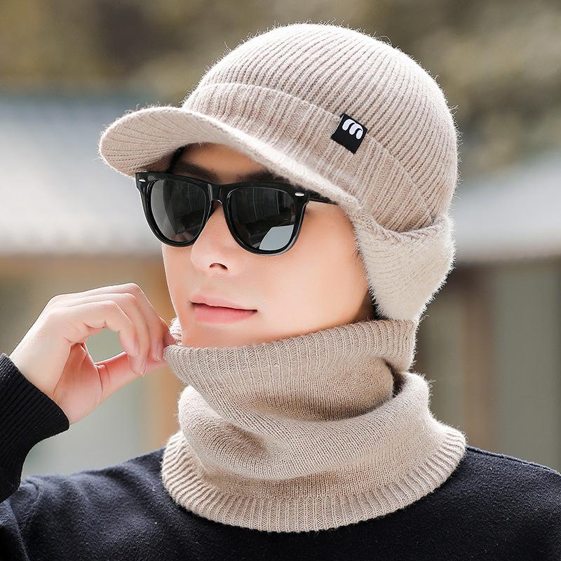 Men's Winter Big Head Circumference Elastic Thick Knitted Hat Scarf Two-Piece Set for Middle-Aged and Elderly Grandpa Hat