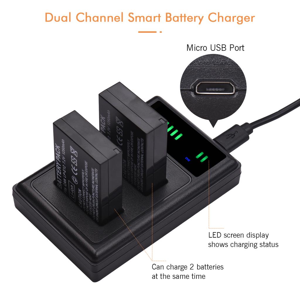 Andoer LP-E12 USB Intelligent Charger & Battery Kit 1PCS Dual Channels Camera Battery Charger +