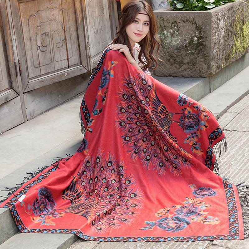 Lijiang Ethnic Style Double-Sided Phoenix Jacquard Cashmere Shawl and Scarf for Women