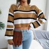 Women Autumn Winter O Neck Long Sleeve Striped Crop Loose Knit Pullover