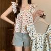 Summer New Loose Print Floral Casual Blouses Women Slim Fit Square Collar Flying Sleeve Women's Shirts Tops Elegant Vintage Female Clothing 26129