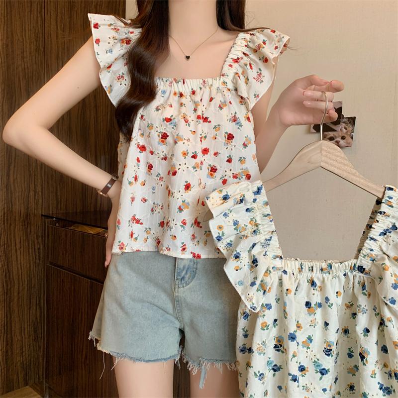 Summer New Loose Print Floral Casual Blouses Women Slim Fit Square Collar Flying Sleeve Women's Shirts Tops Elegant Vintage Female Clothing 26129