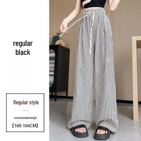 Women's Korean Pinstripe Wide-Leg Pants - Summer Casual, Loose Fit, Elastic Waist & Drawstring, Textured Straight-Leg.