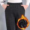 Women's Clothing Fashion Plus Fleece Plaid Pants Autumn Winter Casual Warm Elastic Waist Straight Trousers for Female