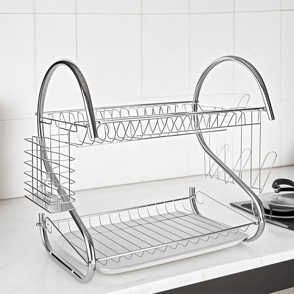 Space-saving S-Shaped Dish Drainer 2 Tier Tableware Holder Shelf Cup Drainer Chopsticks