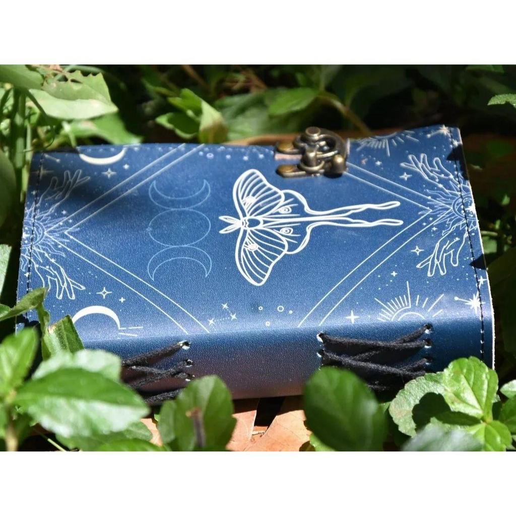 Blank Spell Book of Shadows Vintage Handmade Leather Journal Luna Moth Print 7X5