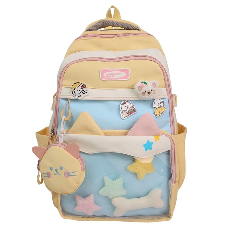 Blocked Color Fashion Cat Ear Design Student Backpack With Pendant Badge And