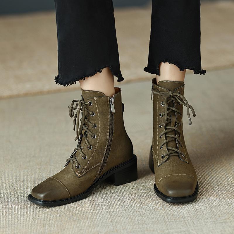 Fashion 2025 New Cross-Tied Women Short Boots Autumn Winter Genuine Leather Office Lady Square Toe Side Zipper Shoes Woman Ankle Boots