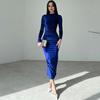 Lady Evening Dress Slim Fit Pleated Bateau Neck Long Sleeve Pure Color Midi Dress Sheath Calf Length Prom Cocktail Party Dress