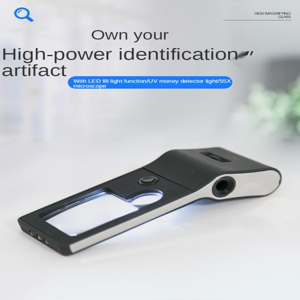 4 Led Lights One UV Currency Detector Lamp 55X Magnifying Glass with Light Handheld Microscope