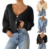 Women's Solid Color Button-Up Cardigan Deep V-Neck Short Loose-Fitting Jacket Casual Top