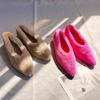 Pointed Toe Fur Ballet Flat Woman Winter Warm Plush Shallow Loafer Ladies Concise Furry Heeled Dress Shoes Zapatos Mujer