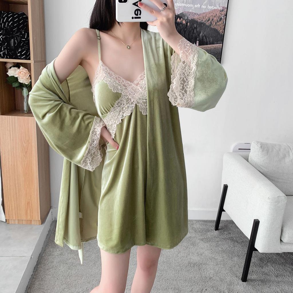 New Autumn Velvet 3PCS Pajamas Set Sleepwear Sexy Lace Trim Bath Robe Nightgown Loose Casual Velour Home Clothes Loungewear