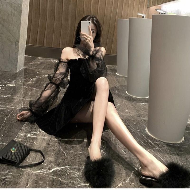 Black Retro Dress Women Lace Chiffon Mini Dress Female High Street Korean Style Dress Party Dress