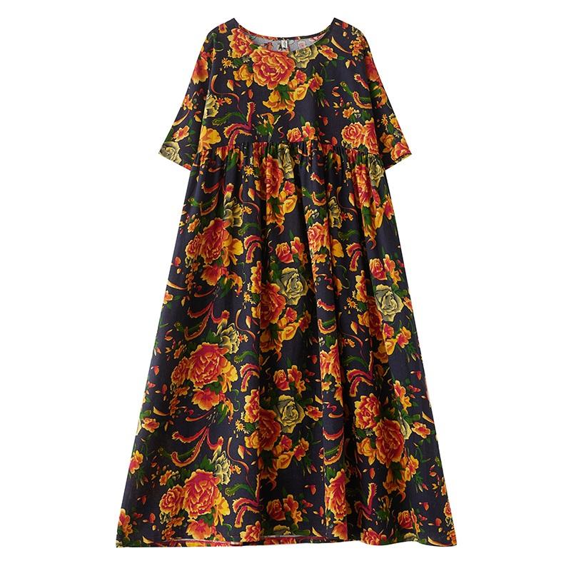 Short Sleeve Plus Size Cotton Vintage Floral New In Dresses for Women Casual Loose Long Summer