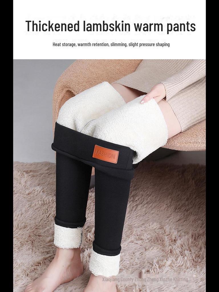 Women's High-Waist Lambskin Leggings - Extra Thick, Plus Size, Velvet Lined, Slim Fit, Warm Winter Pants