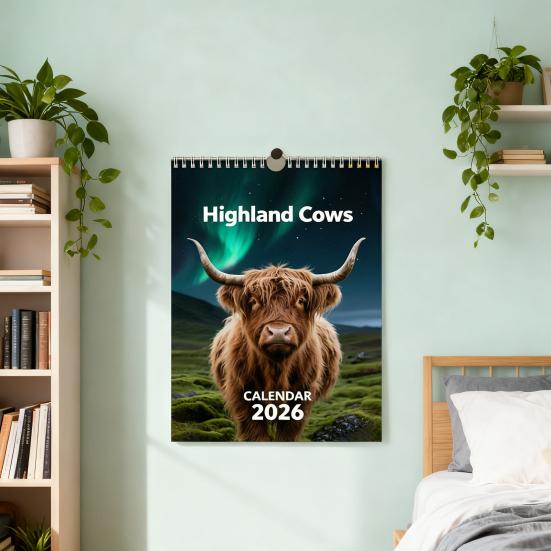 Highland Cow Calendar 2026 Jan 2026 - Dec 2026 12 Month Planner Scottish Wall Art Decor for Home Office