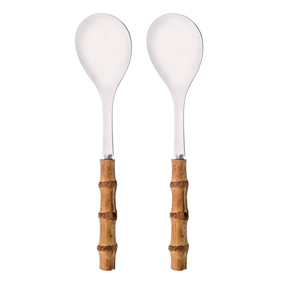2Pcs Serving Utensils Cutlery 304 Stainless Steel Big Fork and Spoon with Natural Bamboo Handle Food Serving Salad Spork Server Spoon Tableware Set