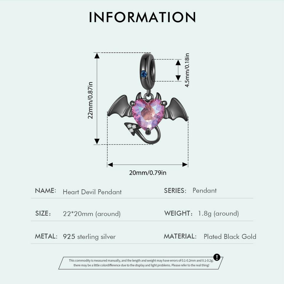 WOSTU 925 Sterling Silver Black Devil Pendant Charms Stone Heart Beads for Women DIY Jewelry Gift Making