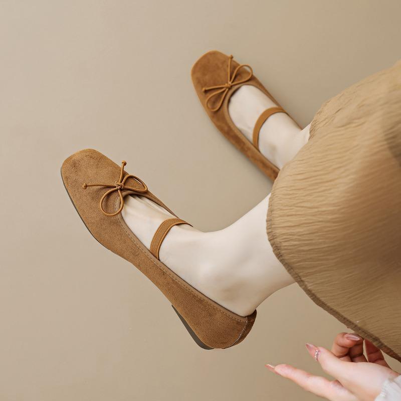 Square Head Single Shoes Women's Flat Retro One Word with Shallow Mouth Bow Ballet Shoes Soft Sole