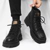 Men's Black High-Top Leather Motorcycle Boots - British Style, Waterproof for Autumn.