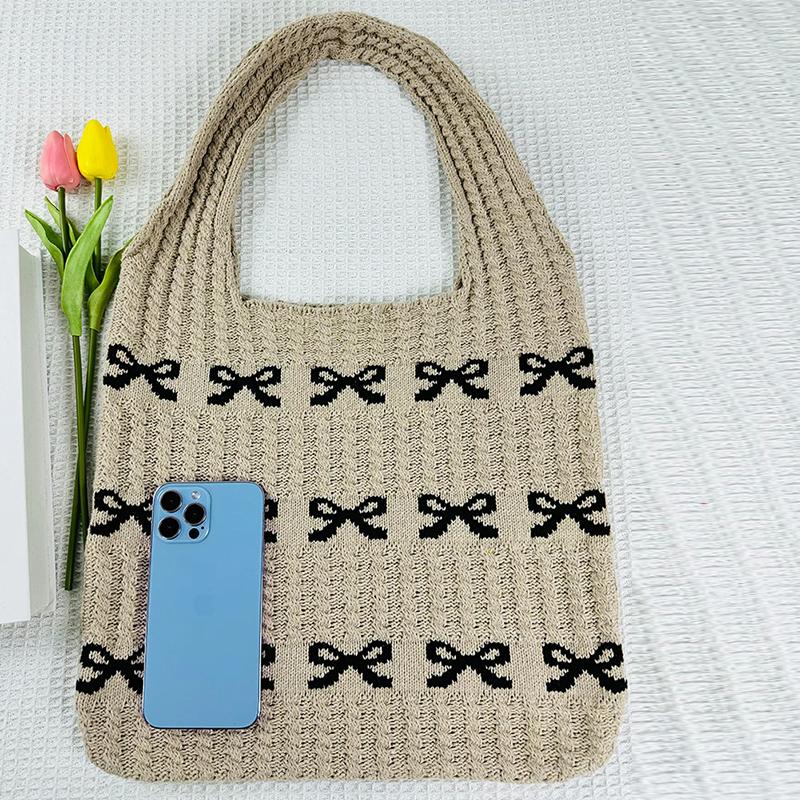 Yogodlns Women's Bow Shoulder Bag Aesthetics Crochet Handbag Purses Knitted Shopping Bag Summer Beach Bag Ladies Woven Tote Bags