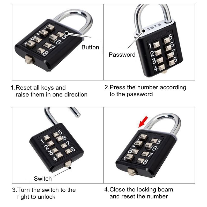 8 Position Push Button Combination Padlock,5 Position Locking Mechanism,Gym Locker Toolbox Combination Padlock