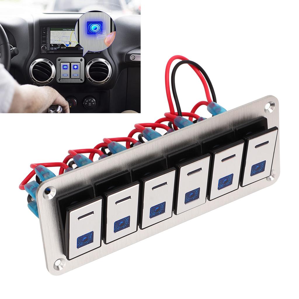 6 Gang Rocker Switch Panel 12V 24V Blue LED Waterproof SPST On Off Pre Wired Switch for Car Boat
