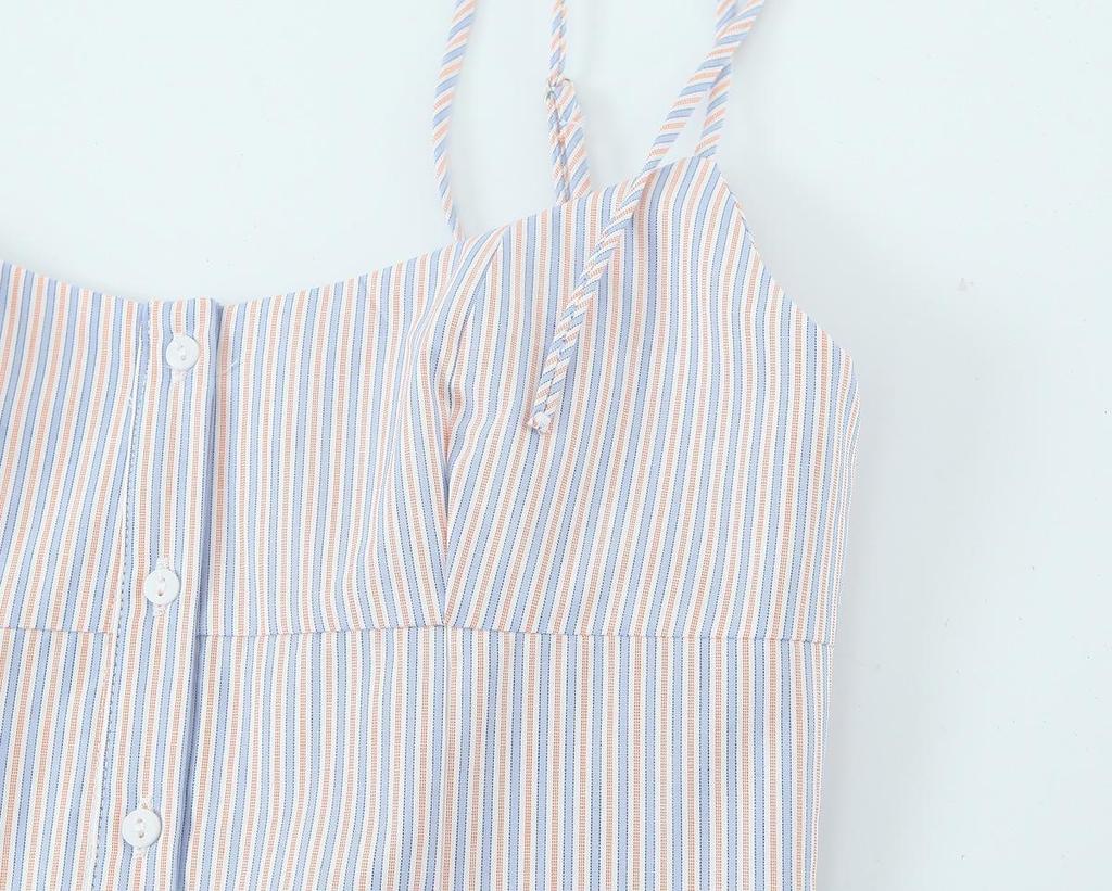 2025 Spring Blue Striped Sling Dress - Women's European & American Style