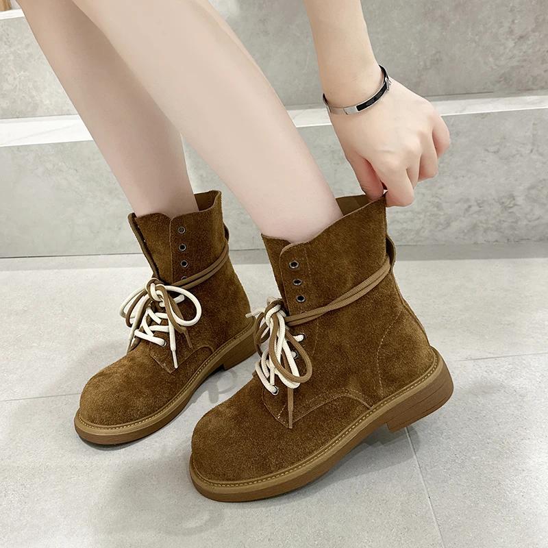 Ankle Boots Women's 2025 New Genuine Leather New Women's Biker Boots Lace-up Suede Women's Booties