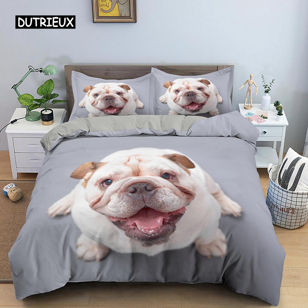Cute Cartoon Bulldog Pattern Duvet Cover Set King Full Size Bedding Set Room Decor Soft Microfiber Quilt/Comforter Cover 2/3PCS