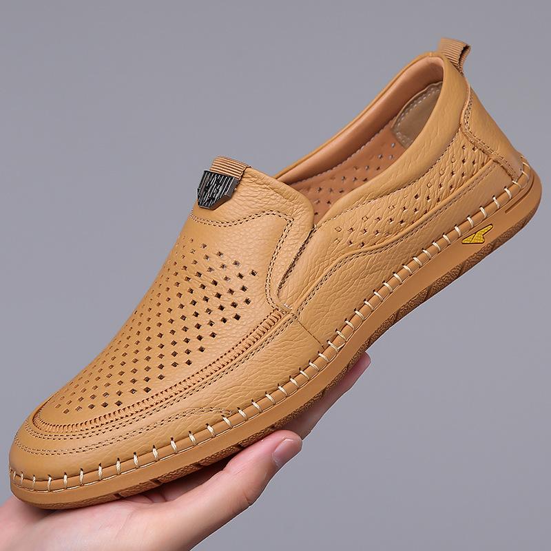 2024 Summer Shoes for Men Genuine Leather Sandals New Hollow Out Slip-on Loafers Fashion Breathable Leather Casual Shoes