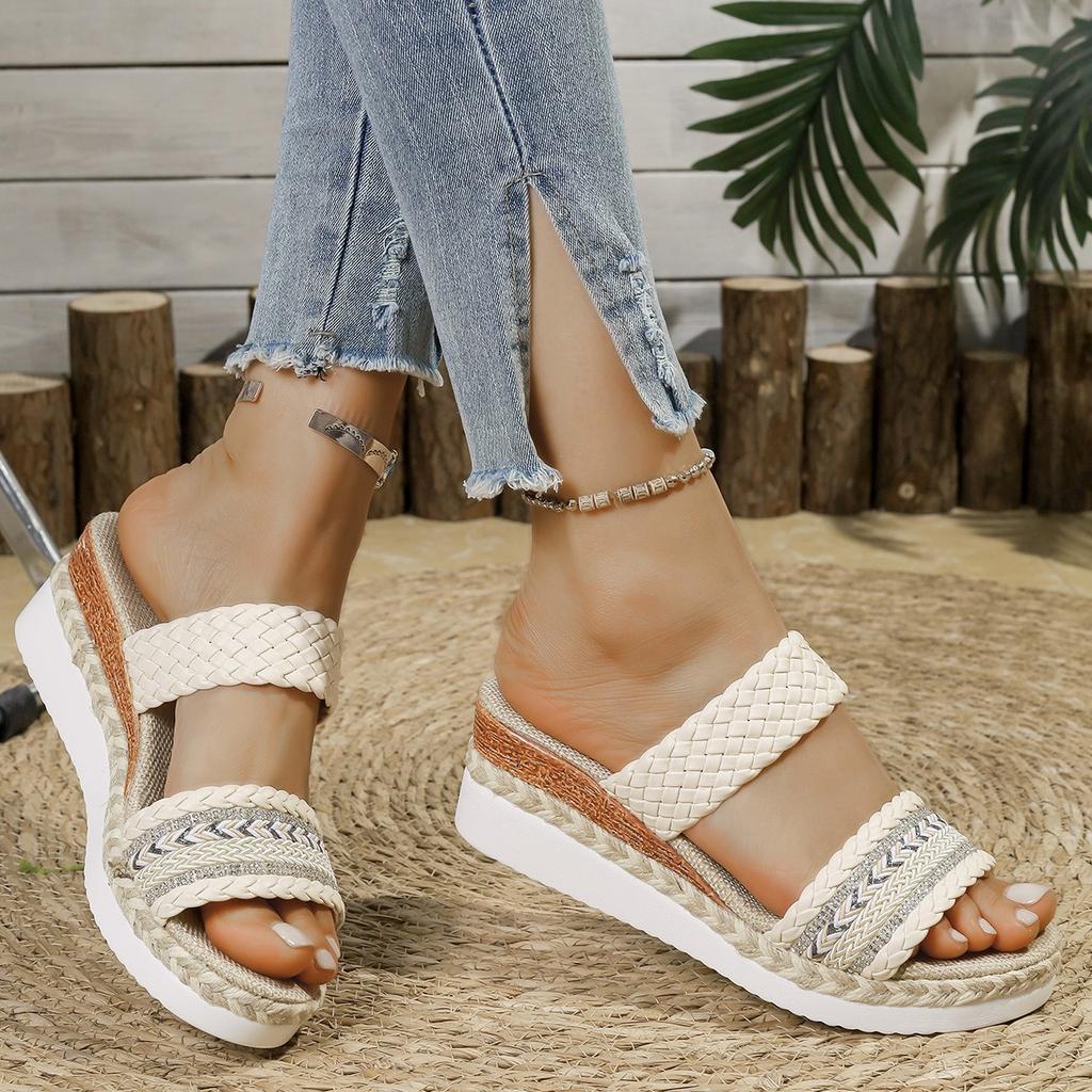 Fashion 2025 New Fashion Height-increasing and Wear-resistant Casual and Fashionable Fish-mouth Slippers Woven with Hemp Rope