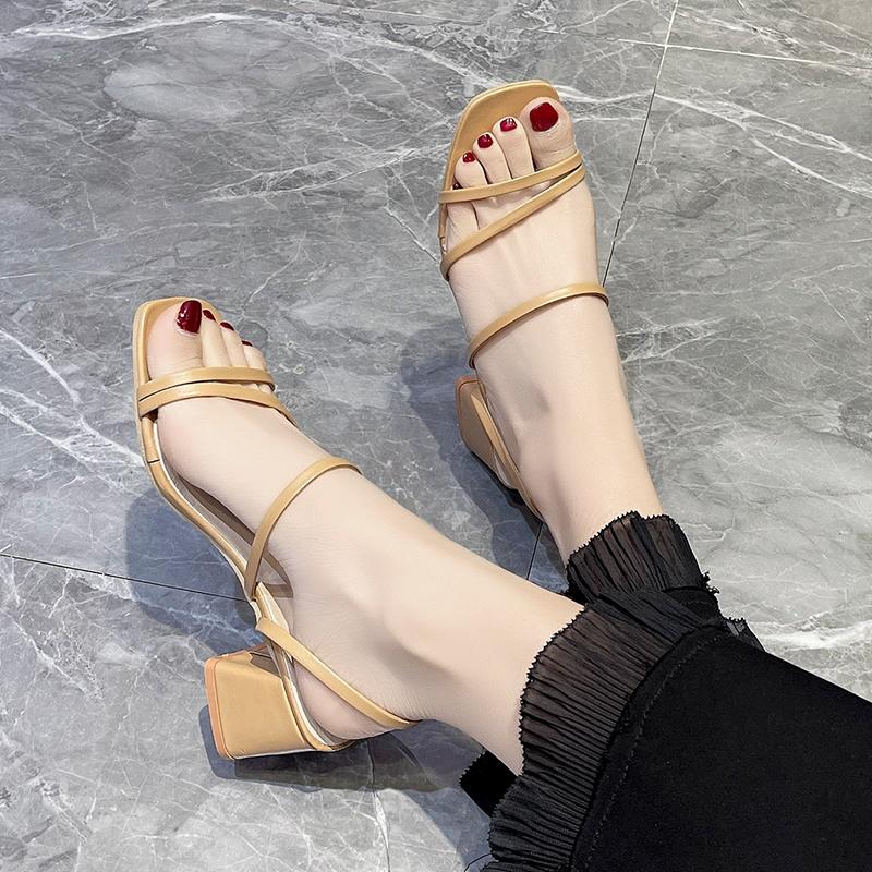 Women Sandals Ladies Square Heels Elegant Summer Slippers Outside Cross Tied Leather Female Slides Fashion Woman Sandals