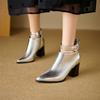 FOREADA Women Ankle Boots Pointed Toe Thick High Heels Buckle Zipper Metallic Short Boots Ladies Fashion Shoes Autumn Winter
