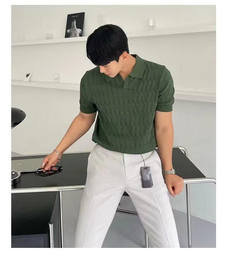 Men's Summer Korean Style Slim Fit Knitted Polo Shirt - Short-Sleeve, Solid Color, Ice Silk, Turn-Down Collar