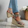 Large Size Sandals Women's New Hemp Rope Fish Mouth Large Size Leopard Print Wedge Heel Thick Sole High Heel One-word Sandals