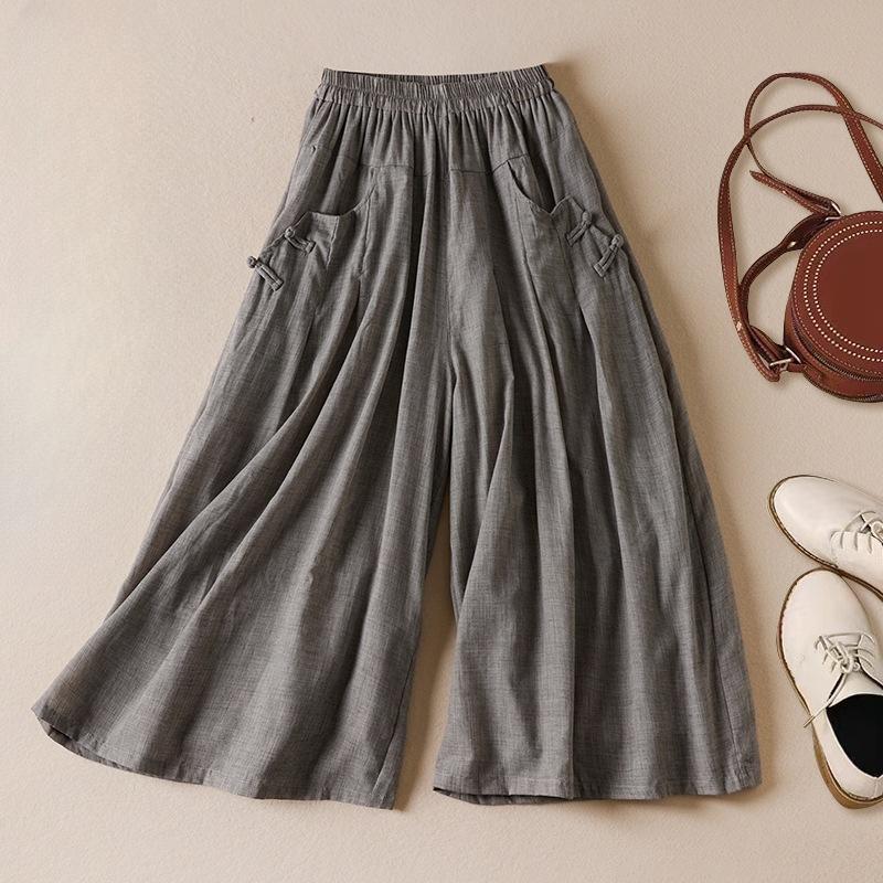 Summer Literature Loose Solid Color Cotton Linen Elastic Waistband Cropped Pants for Women Trousers Women’s