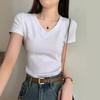 Simple Solid Color V-neck Front Shoulder Short-sleeved T-shirt for Women's Summer New Slim Fit Basic Student Top