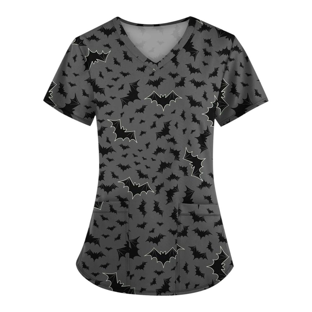 Женская модная футболка с коротким рукавом и v-образным вырезом с карманом на Хэллоуин