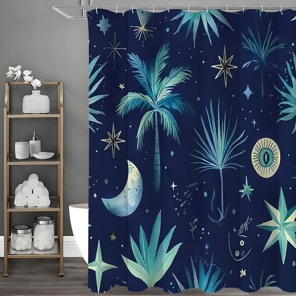 Moon Botanical Night Sky Shower Curtain, Bathroom Decorative Shower Curtain, Waterproof Shower Curtain with Hooks