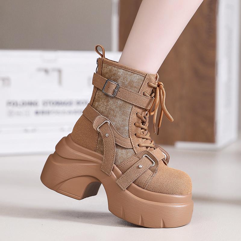 Fashion 9CM Autumn Winter Women's Gladiator Boots Chunky Heels Leather Punk Shoes Buckle Motorcycle Boots Goth Chelsea Mujer Zapatos