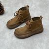 Retro Handmade Women Short Boots Genuine Leather Shoes Round Toe Solid Color Lace-up Boots